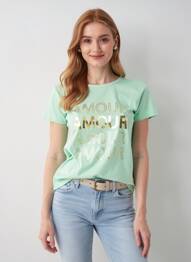 T-shirt sérigraphie manches courtes vert C'EST BEAU LA VIE femme