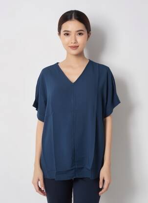 Blouse tissage popeline manches courtes bleu SHEEGO femme