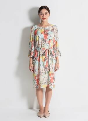 Robe mi-longue imprimé fantaisie manches longues bleu REVER MILE femme