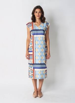 Robe longue imprimé fantaisie manches courtes bleu GREGORY PAT femme