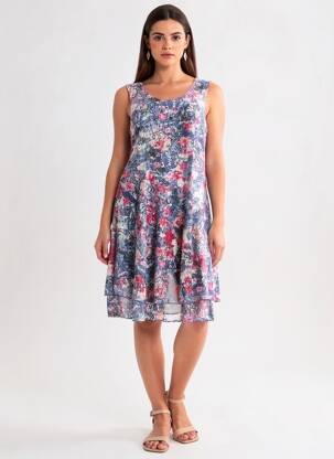Robe mi-longue imprimé fleurs sans manche bleu DIANE LAURY femme
