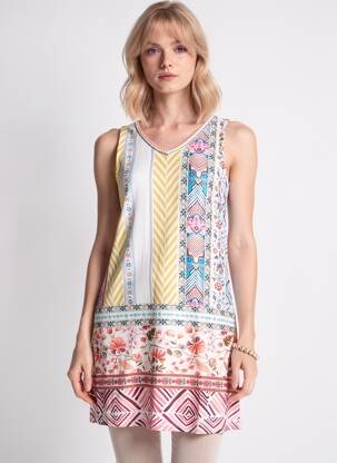 Robe mi-longue imprimé fantaisie sans manche blanc MASSANA femme