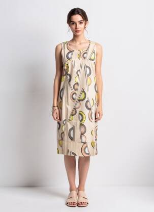 Robe mi-longue imprimé fantaisie sans manche beige JEAN DELFIN femme