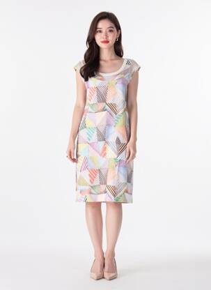 Robe mi-longue imprimé fantaisie manches courtes blanc TELMAIL femme