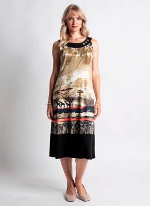 Robe mi-longue imprimé fantaisie sans manche noir GEVANA femme