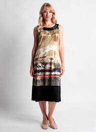 Robe mi-longue imprimé fantaisie sans manche noir GEVANA femme