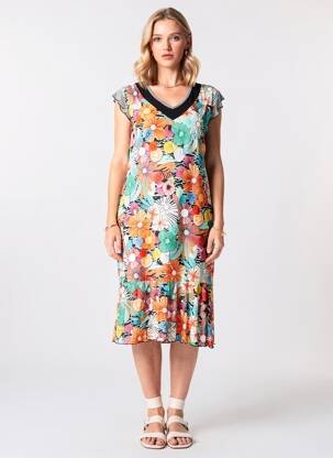 Robe mi-longue imprimé fleurs sans manche orange TELMAIL femme