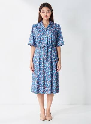 Robe mi-longue imprimé fleurs manches courtes bleu FRANCE RIVOIRE femme