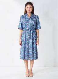 Robe mi-longue imprimé fleurs manches courtes bleu FRANCE RIVOIRE femme