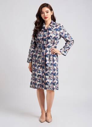 Robe mi-longue imprimé fantaisie manches longues bleu VALMODE femme