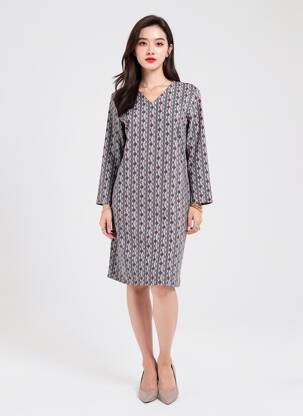 Robe mi-longue imprimé fantaisie manches longues rouge GEVANA femme