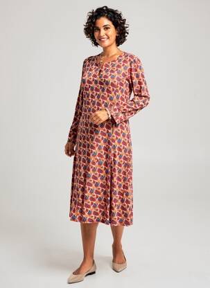 Robe mi-longue imprimé fantaisie manches longues orange GEVANA femme