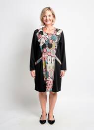 Robe mi-longue imprimé fantaisie manches longues noir PLURIELLES femme