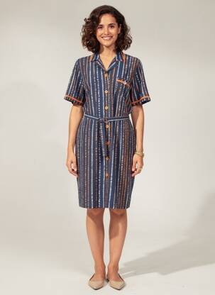 Robe mi-longue imprimé fantaisie manches courtes bleu FRANCE RIVOIRE femme