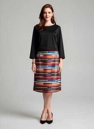 Robe mi-longue imprimé fantaisie manches longues noir PLURIELLES femme