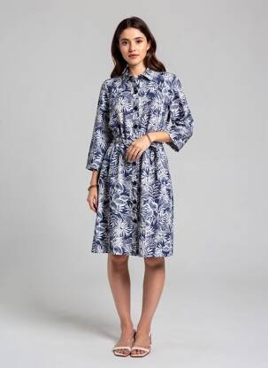 Robe mi-longue coupe fluide manches longues bleu GEVANA femme