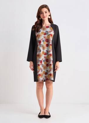 Robe mi-longue imprimé fantaisie manches longues noir PLURIELLES femme