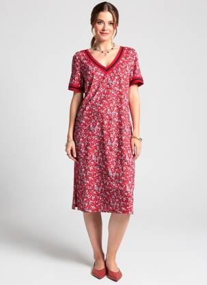 Robe mi-longue imprimé fleurs manches courtes rouge GEVANA femme