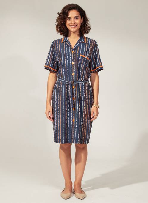 Robe mi-longue imprimé fantaisie manches courtes bleu FRANCE RIVOIRE femme