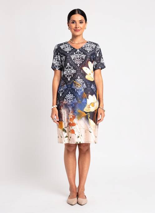 Robe mi-longue imprimé fantaisie manches courtes noir GEVANA femme