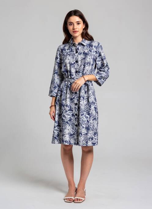 Robe mi-longue coupe fluide manches longues bleu GEVANA femme