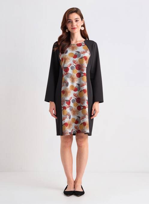 Robe mi-longue imprimé fantaisie manches longues noir PLURIELLES femme