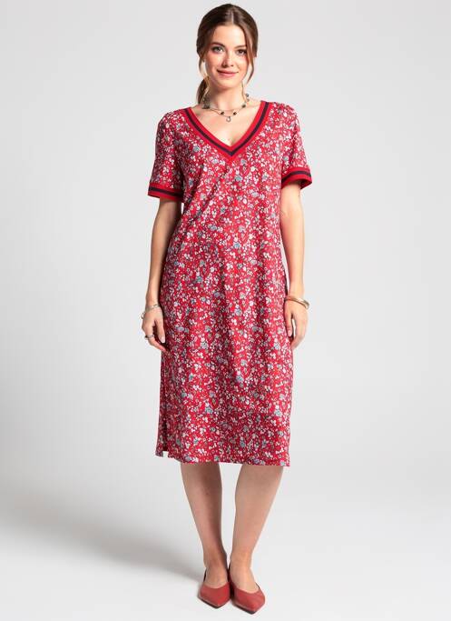 Robe mi-longue imprimé fleurs manches courtes rouge GEVANA femme