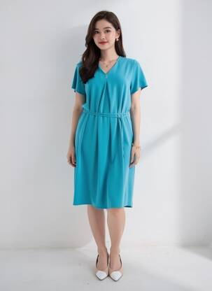 Robe mi-longue tissage crêpe manches courtes bleu LOURDES CASTILLO femme