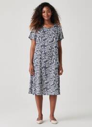 Robe mi-longue imprimé fleurs manches courtes bleu FRANCE RIVOIRE femme