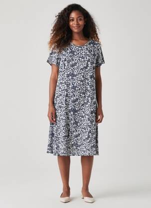 Robe mi-longue imprimé fleurs manches courtes bleu FRANCE RIVOIRE femme