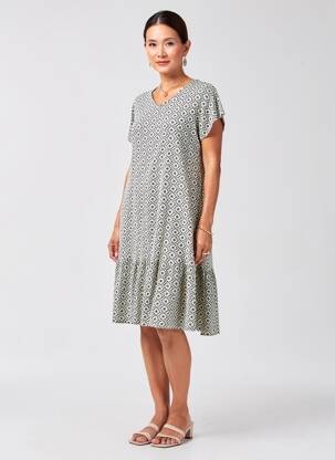 Robe mi-longue imprimé fantaisie manches courtes beige TELMAIL femme