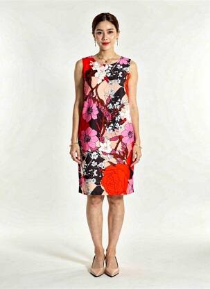 Robe mi-longue imprimé fleurs sans manche rouge TELMAIL femme