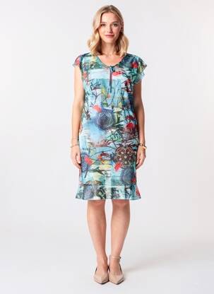 Robe mi-longue imprimé fleurs manches courtes bleu TELMAIL femme