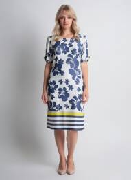 Robe mi-longue imprimé fleurs manches courtes bleu GEVANA femme