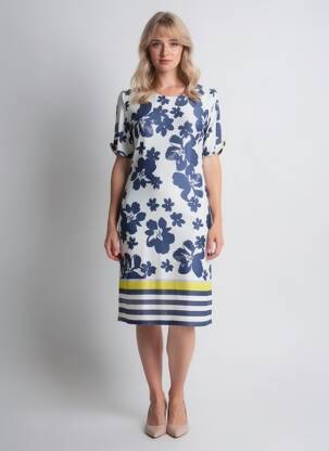 Robe mi-longue imprimé fleurs manches courtes bleu GEVANA femme