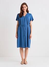 Robe mi-longue coupe fluide manches courtes bleu LOURDES CASTILLO femme