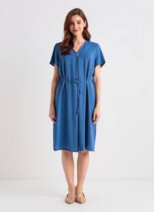 Robe mi-longue coupe fluide manches courtes bleu LOURDES CASTILLO femme