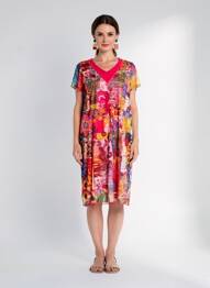 Robe mi-longue coupe fluide manches courtes rose FRANCE RIVOIRE femme