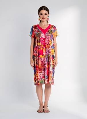 Robe mi-longue coupe fluide manches courtes rose FRANCE RIVOIRE femme