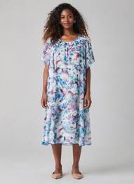 Robe mi-longue coupe fluide manches courtes bleu PLURIELLES femme
