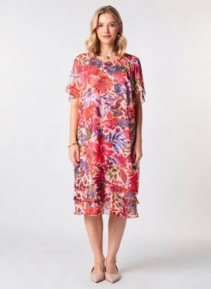 Robe mi-longue imprimé fleurs manches courtes orange TELMAIL femme