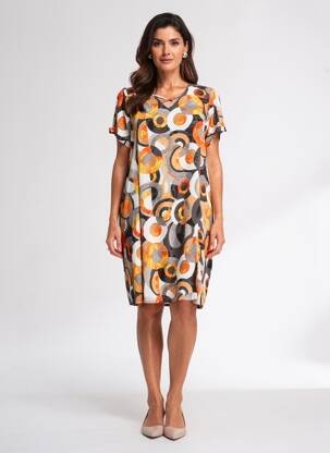 Robe mi-longue tissage crêpe manches courtes orange FRANCE RIVOIRE femme
