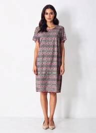 Robe mi-longue imprimé fantaisie manches courtes rose GEVANA femme