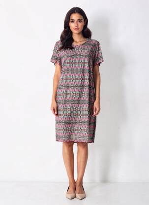 Robe mi-longue imprimé fantaisie manches courtes rose GEVANA femme