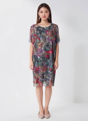 Robe mi-longue coupe fluide manches courtes noir GEVANA femme