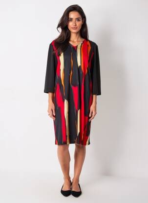 Robe mi-longue imprimé fantaisie manches longues noir GEVANA femme