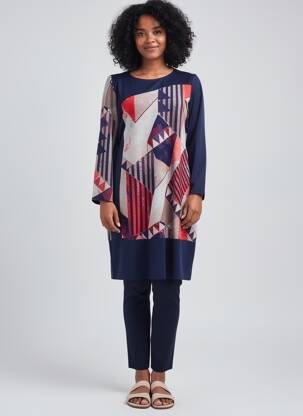 Robe mi-longue imprimé fantaisie manches longues bleu GEVANA femme
