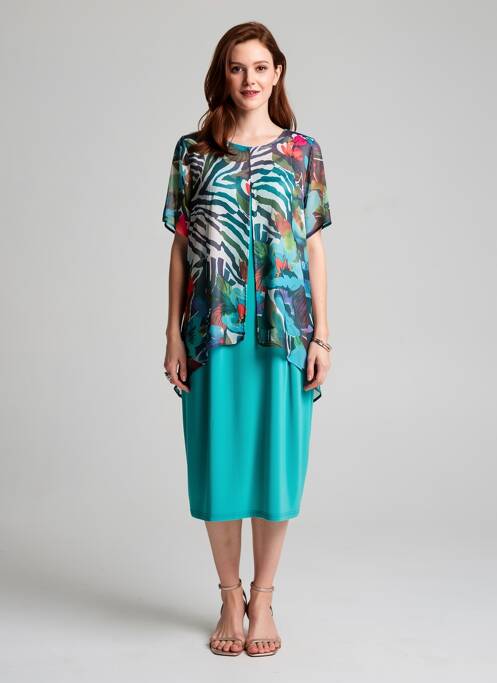 Robe mi-longue coupe fluide manches courtes bleu FRANCE RIVOIRE femme