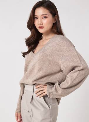 Pull tissage chiné manches longues marron MAJESTIC FILATURES femme