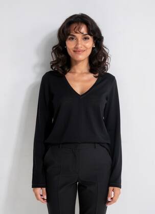Pull col v manches longues noir MAJESTIC FILATURES femme